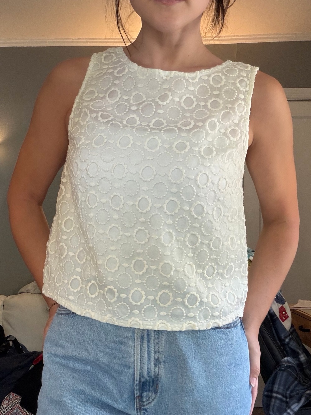 Forever 21 White Floral Eyelet Sleeveless Blouse